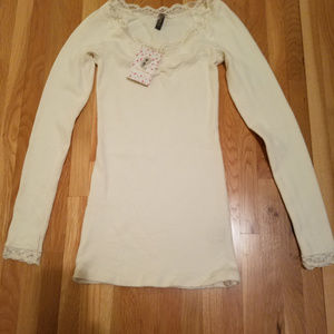 Free People Thermal Lace Trim V NeckLong Sleeve S